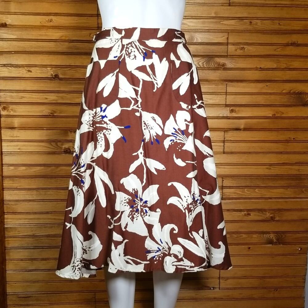 Anthropologie Vintage Wrap Skirt Small Made in USA Floral Brown Cream Blue